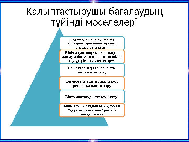 Қалыптастырушы бағалаудың түйінді мәселелері Оқу мақсаттарын, бағалау критерийлерін анықтау,білім алушыларға ұсыну Білім алуш