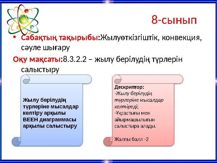 8-сынып •Сабақтың тақырыбы:Жылуөткізгіштік, конвекция, сәуле шығару Оқу мақсаты:8.3.2.2 – жылу берілудің түрлерін салыстыру