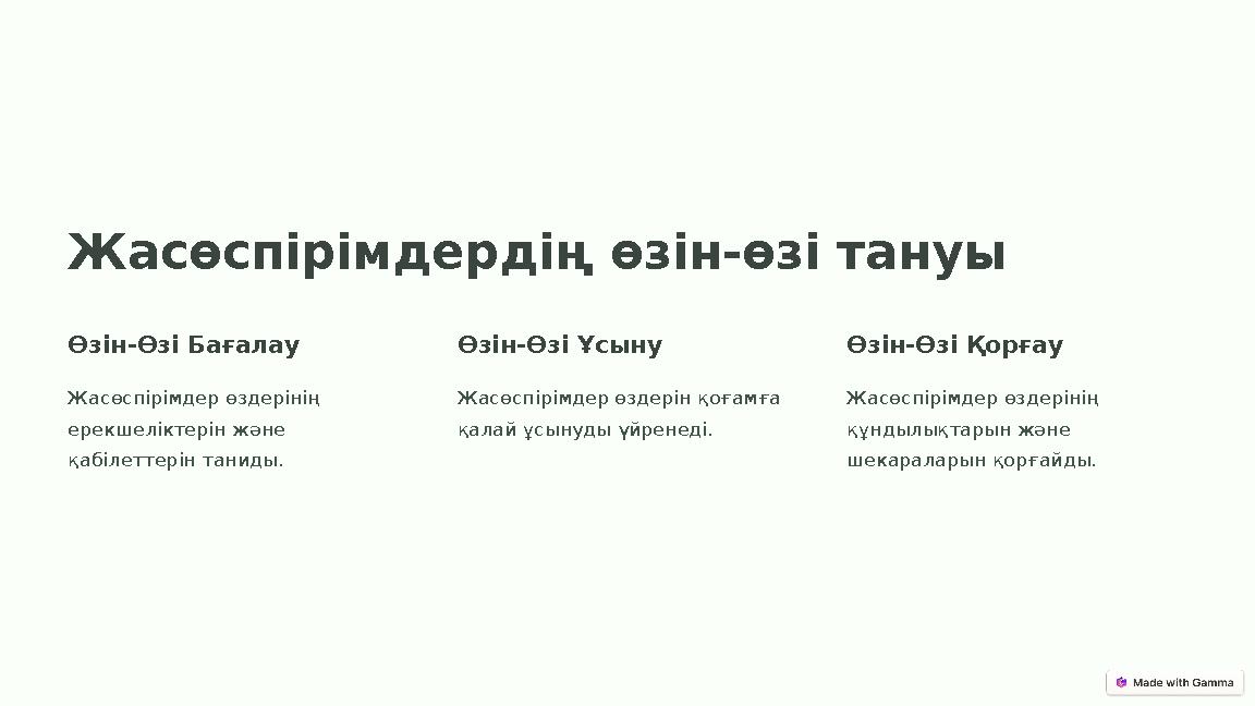 Жасөспірімдердің өзін-өзі тануы Өзін-Өзі Бағалау Жасөспірімдер өздерінің ерекшеліктерін және қабілеттерін таниды. Өзін-Өзі Ұсы