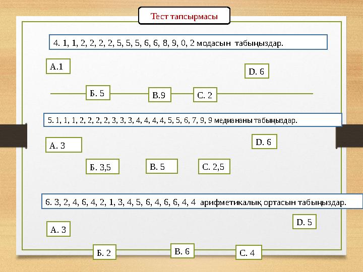 Тест тапсырмасы 4. 1, 1, 2, 2, 2, 2, 5, 5, 5, 6, 6, 8, 9, 0, 2 модасын табыңыздар. А.1 Б. 5 С. 2В.9 D. 6 5. 1, 1, 1, 2, 2, 2,