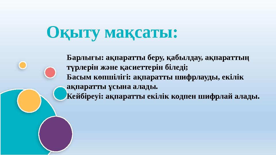 Оқыту мақсаты: Барлығы: ақпаратты беру, қабылдау, ақпараттың түрлерін және қасиеттерін біледі; Басым көпшілігі: ақпаратты