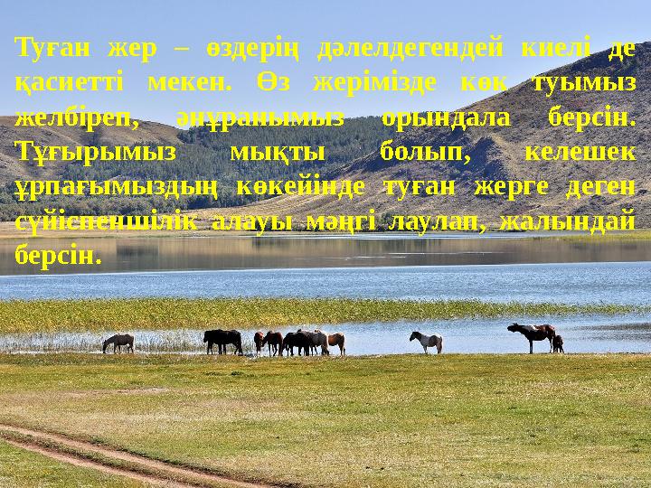 Туған жер – өздерің дәлелдегендей киелі де қасиетті мекен. Өз жерімізде көк туымыз желбіреп, әнұранымыз орындала берсін. Тұғы
