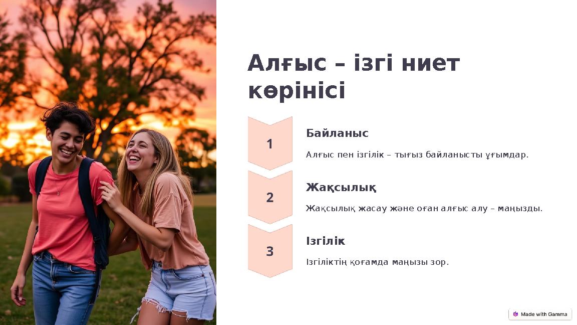 Алғыс – ізгі ниет көрінісі Байланыс Алғыс пен ізгілік – тығыз байланысты ұғымдар. Жақсылық Жақсылық жасау және оған алғыс алу –