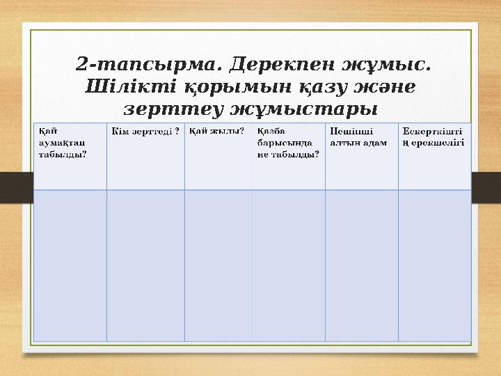 2-тапсырма . Дерекпен жұмыс. Шілікті қорымын қазу және зерттеу жұмыстары