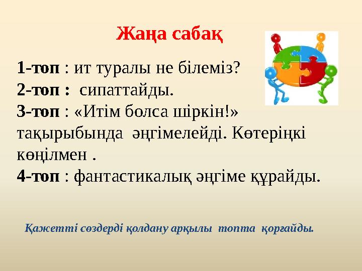 1-топ : ит туралы не білеміз? 2-топ : сипаттайды. 3-топ : «Итім болса шіркін!» тақырыбында әңгімелейді. Көтеріңкі көңілмен