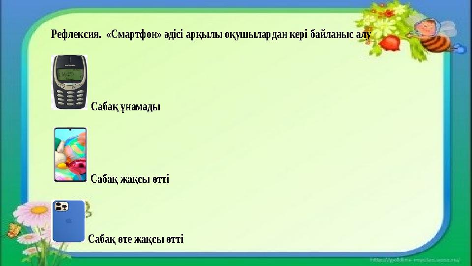 Рефлексия. «Смартфон» әдісі арқылы оқушылардан кері байланыс алу Сабақ ұнамады Сабақ жақсы өтті Сабақ өте жақсы өтті