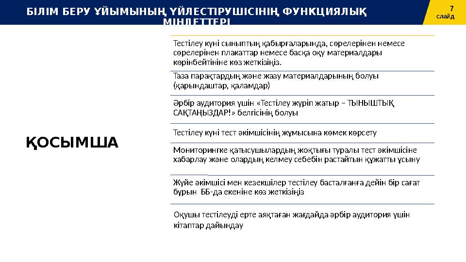 7 слайд БІЛІМ БЕРУ ҰЙЫМЫНЫҢ ҮЙЛЕСТІРУШІСІНІҢ ФУНКЦИЯЛЫҚ МІНДЕТТЕРІ ҚОСЫМША Тестілеу күні сыныптың қабырғаларында, сөрелерінен н