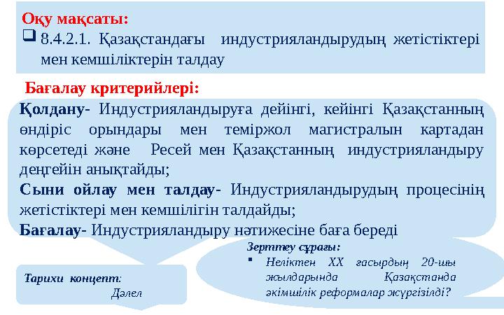 Оқу мақсаты: 8.4.2.1. Қазақстандағы индустрияландырудың жетістіктері мен кемшіліктерін талдау Зерттеу сұрағы: Неліктен XX Оқу мақсаты: 8.4.2.1. Қазақстандағы индустрияландырудың жетістіктері мен кемшіліктерін талдау Зерттеу сұрағы: Неліктен XX