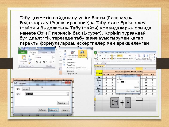 Табу қызметін пайдалану үшін: Басты (Главная) ► Редакторлау (Редактирование) ► Табу және Ерекшелеу (Найти и Выделить) ► Табу (