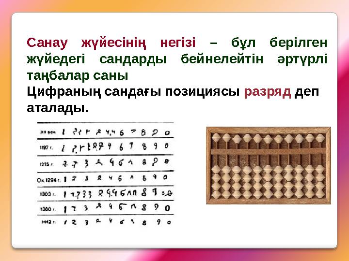 Санау жүйесінің негізі – бұл берілген жүйедегі сандарды бейнелейтін әртүрлі таңбалар саны Цифраның сандағы позициясы разряд Санау жүйесінің негізі – бұл берілген жүйедегі сандарды бейнелейтін әртүрлі таңбалар саны Цифраның сандағы позициясы разряд