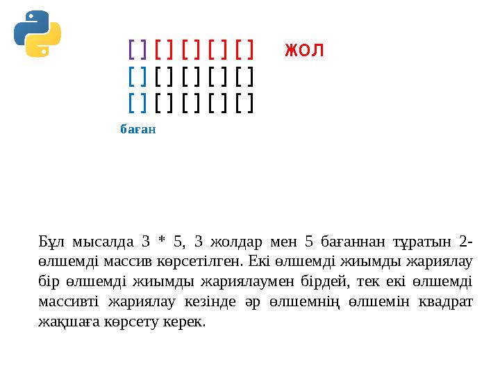 [][][][][] жол [][][][][] [][][][][] Бұл мысалда 3 * 5, 3 жолдар мен 5 бағаннан тұратын 2- өлшемді массив көрсетілген. Екі өлше