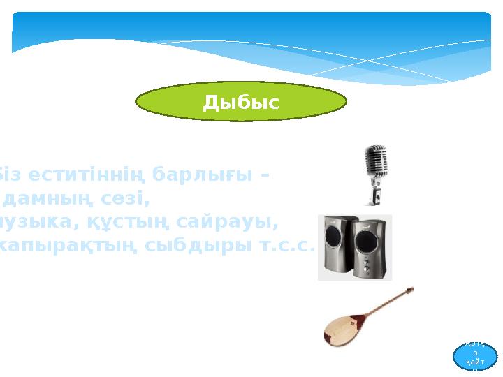 Дыбыс Біз еститіннің барлығы – адамның сөзі, музыка, құстың сайрауы, жапырақтың сыбдыры т.с.с. Артқ а қайт у