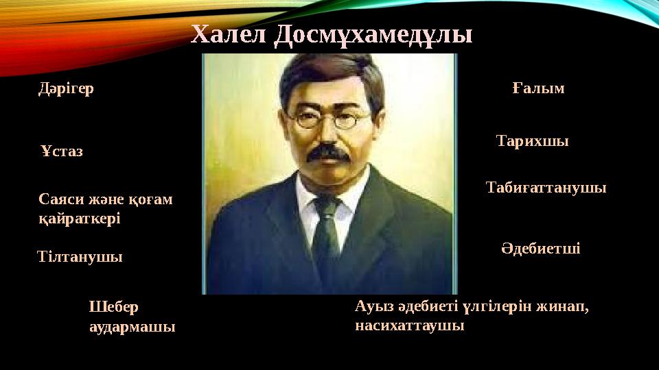 Дәрігер Ғалым Ұстаз Тарихшы Саяси және қоғам қайраткері Табиғаттанушы Тілтанушы Әдебиетші Шебер аудармашы Ауыз әдебие