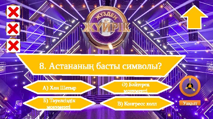 8. Астананың басты символы? Ә) Бәйтерек монументі Б) Тәуелсіздік монументі УақытВ) Конгресс холл А) Хан Шатыр 8. Астананың басты символы? Ә) Бәйтерек монументі Б) Тәуелсіздік монументі УақытВ) Конгресс холл А) Хан Шатыр