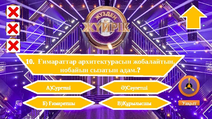 10. Ғимараттар архитектурасын жобалайтын, нобайын сызатын адам.? В)Құрылысшы Ә)Сәулетші УақытБ) Ғимаратшы А)Суретші 10. Ғимараттар архитектурасын жобалайтын, нобайын сызатын адам.? В)Құрылысшы Ә)Сәулетші УақытБ) Ғимаратшы А)Суретші