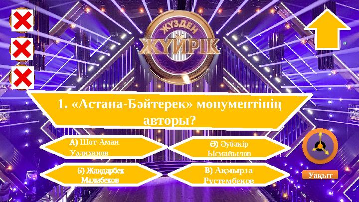 1. «Астана-Бәйтерек» монументінің авторы? А) Шот-Аман Уәлиханов Ә) Әубәкір Ысмайылов Уақыт Б) Жандарбек Малибеков В) 1. «Астана-Бәйтерек» монументінің авторы? А) Шот-Аман Уәлиханов Ә) Әубәкір Ысмайылов Уақыт Б) Жандарбек Малибеков В)
