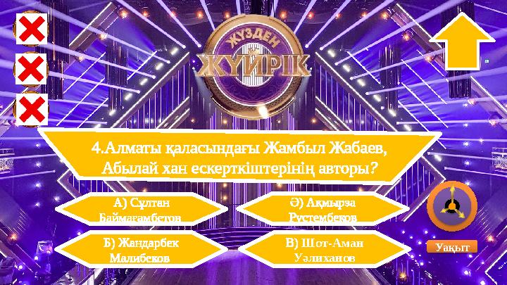4.Алматы қаласындағы Жамбыл Жабаев, Абылай хан ескерткіштерінің авторы? Ә) Ақмырза Рүстембеков Б) Жандарбек Малибеков Уа 4.Алматы қаласындағы Жамбыл Жабаев, Абылай хан ескерткіштерінің авторы? Ә) Ақмырза Рүстембеков Б) Жандарбек Малибеков Уа
