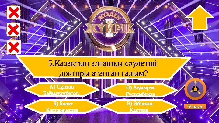 5.Қазақтың алғашқы сәулетші докторы атанған ғалым? А) Сұлтан Баймағамбетов Ә) Ақмырза Рүстембеков Уақыт Б) Болат Құспа 5.Қазақтың алғашқы сәулетші докторы атанған ғалым? А) Сұлтан Баймағамбетов Ә) Ақмырза Рүстембеков Уақыт Б) Болат Құспа