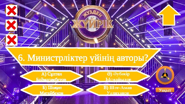 6. Министрліктер үйінің авторы? В) Шот-Аман Уәлиханов Ә) Әубәкір Ысмайылов Уақыт Б) Шоқан Матайбеков А) Сұлтан Баймаға 6. Министрліктер үйінің авторы? В) Шот-Аман Уәлиханов Ә) Әубәкір Ысмайылов Уақыт Б) Шоқан Матайбеков А) Сұлтан Баймаға