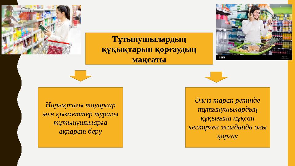 Тұтынушылардың құқықтарын қорғаудың мақсаты Нарықтағы тауарлар мен қызметтер туралы тұтынушыларға ақпарат беру Әлсіз тарап Тұтынушылардың құқықтарын қорғаудың мақсаты Нарықтағы тауарлар мен қызметтер туралы тұтынушыларға ақпарат беру Әлсіз тарап