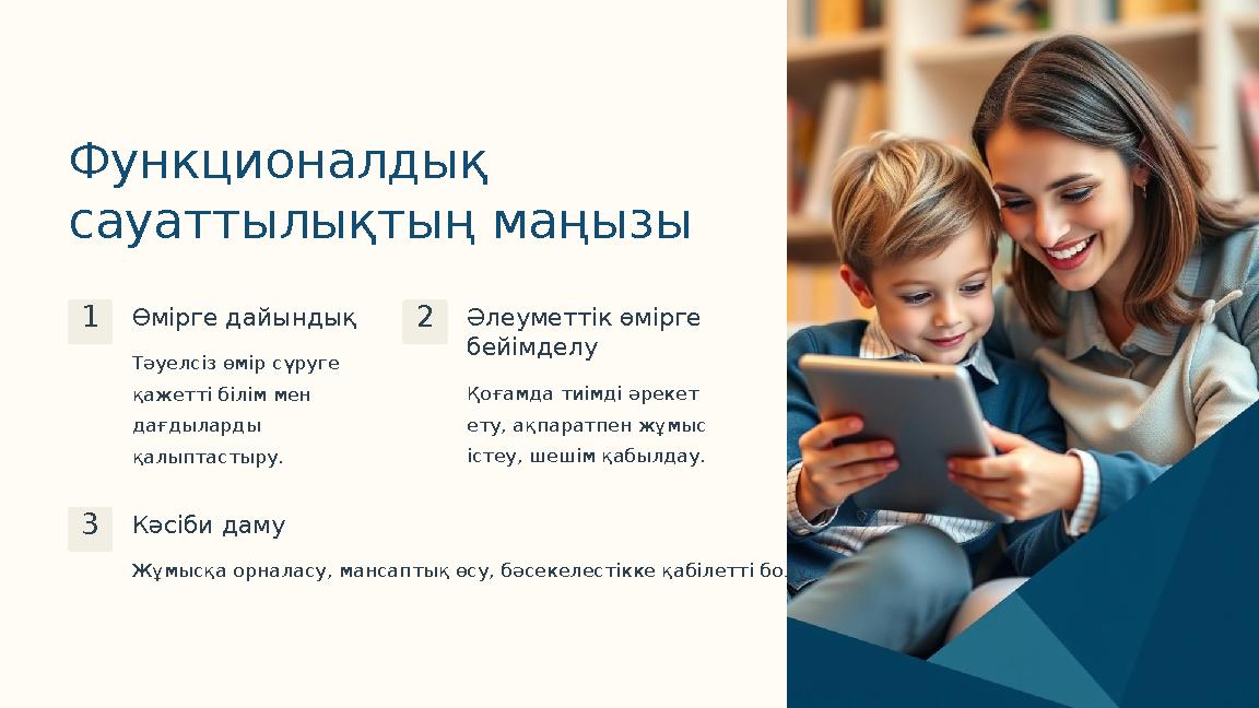 Функционалдық сауаттылықтың маңызы 1Өмірге дайындық Тәуелсіз өмір сүруге қажетті білім мен дағдыларды қалыптастыру. 2Әлеумет