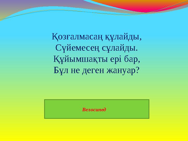Велосипед Қозғалмасаң құлайды, Сүйемесең сұлайды. Құйымшақты ері бар, Бұл не деген жануар?