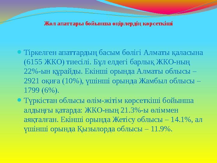 Жол апаттары бойынша өңірлердің көрсеткіші ⚫Тіркелген апаттардың басым бөлігі Алматы қаласына (6155 ЖКО) тиесілі. Бұл елдегі ба