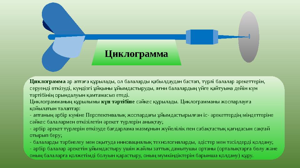 Циклограмма Циклограмма әр аптаға құрылады, ол балаларды қабылдаудан бастап, түрлі балалар әрекеттерін, серуенді өткізуді, күнд Циклограмма Циклограмма әр аптаға құрылады, ол балаларды қабылдаудан бастап, түрлі балалар әрекеттерін, серуенді өткізуді, күнд
