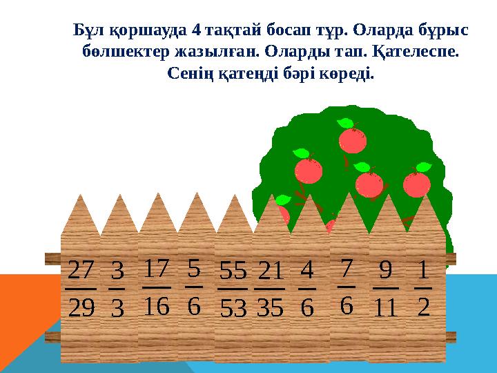 6 5 11 9 29 27 2 1 6 7 53 55 3 3 35 21 6 4 16 17 Бұл қоршауда 4 тақтай босап тұр. Оларда бұрыс бөлшектер жаз