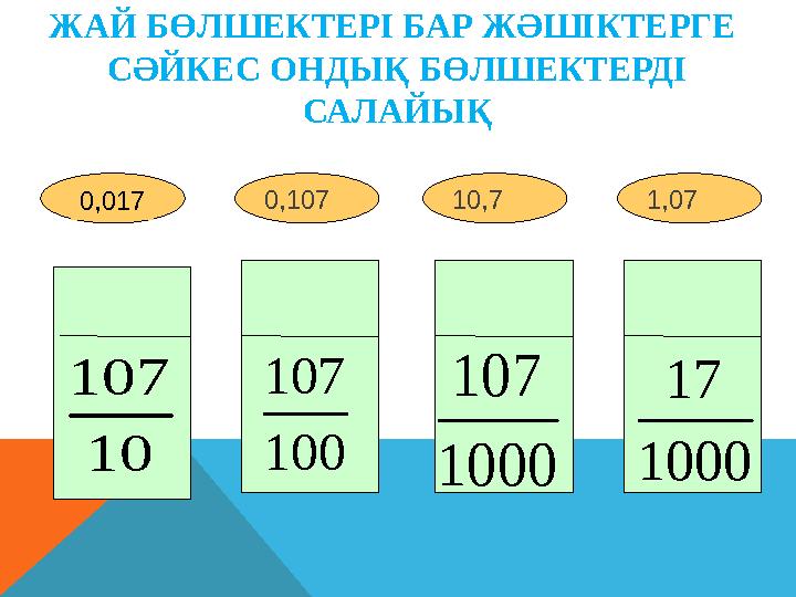 1,0710,70,107 ЖАЙ БӨЛШЕКТЕРІ БАР ЖӘШІКТЕРГЕ СӘЙКЕС ОНДЫҚ БӨЛШЕКТЕРДІ САЛАЙЫҚ 10 107 100 107 1000 107 1000 17 0,0170,017 0,10