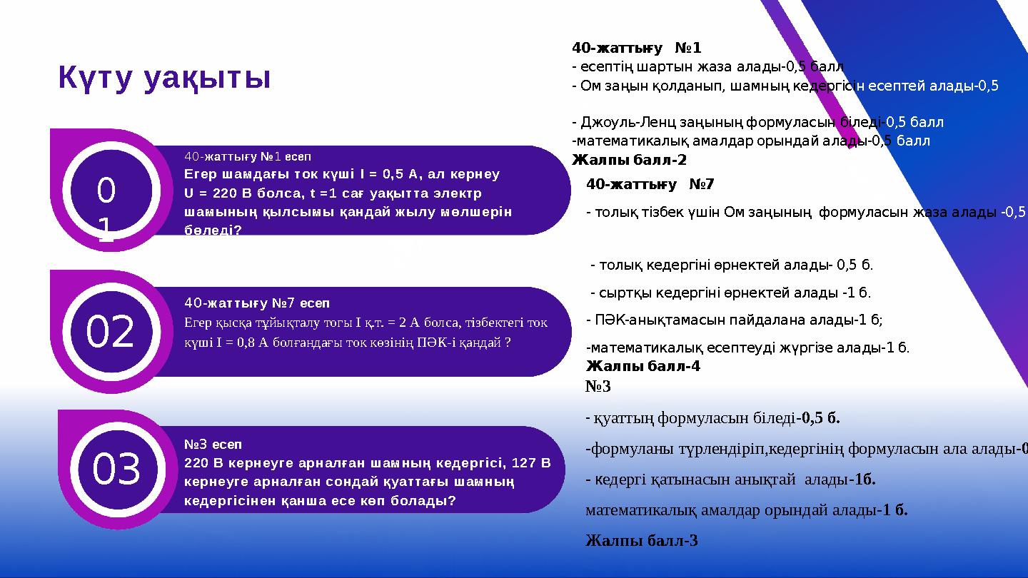 Күту уақыты 40-жаттығу №1 - есептің шартын жаза алады-0,5 балл - Ом заңын қолданып, шамның кедергісін есептей алады-0,5 балл