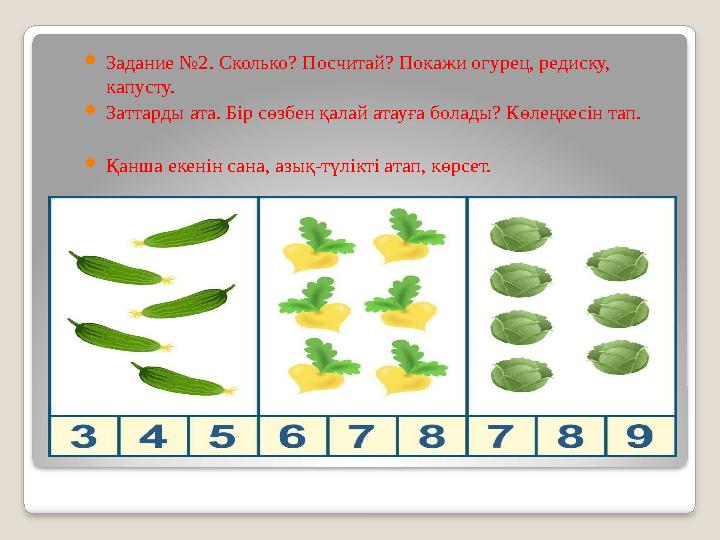Задание №2. Сколько? Посчитай? Покажи огурец, редиску, капусту. Заттарды ата. Бір сөзбен қалай атауға болады? Көлеңкесін т Задание №2. Сколько? Посчитай? Покажи огурец, редиску, капусту. Заттарды ата. Бір сөзбен қалай атауға болады? Көлеңкесін т