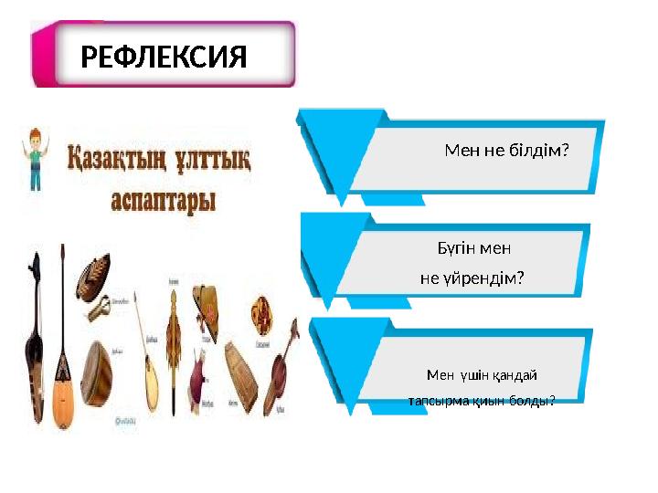 РЕФЛЕКСИЯ Мен не білдім? Бүгін мен не үйрендім? Мен үшін қандай тапсырма қиын болд