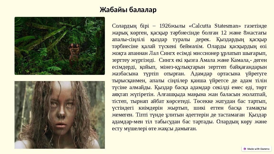 Солардың бірі – 1926жылы «Calcutta Statesman» газетінде жарық көрген, қасқыр тәрбиесінде болған 12 және 8жастағы апалы-сіңлілі