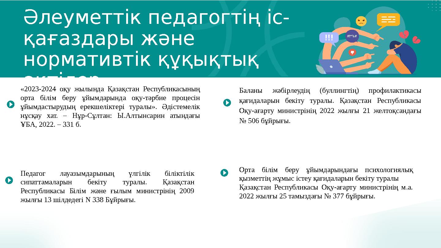 Әлеуметтік педагогтің іс- қағаздары және нормативтік құқықтық актілер «2023-2024 оқу жылында Қазақстан Республикасының орт