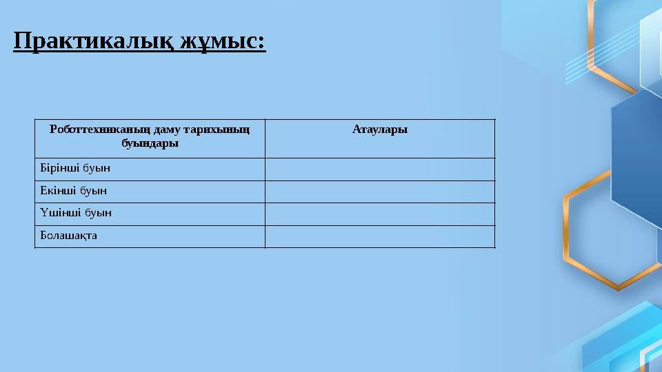 Роботтехниканың даму тарихының буындары Атаулары Бірінші буын Екінші буын Үшінші буын Болашақта Практикалық жұмыс: