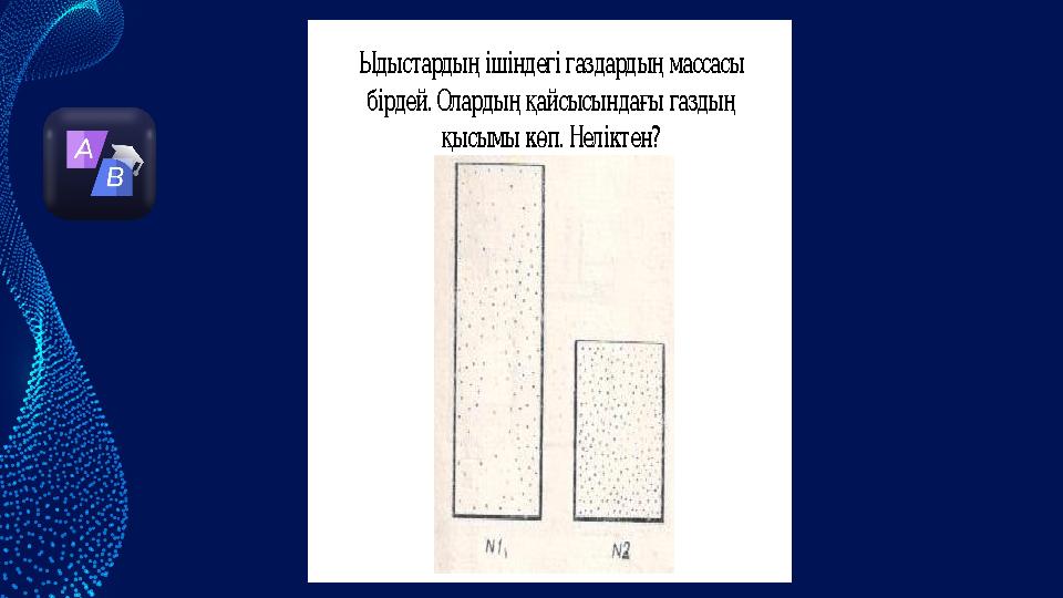 Ыдыстардыңішіндегігаздардыңмассасы бірдей. Олардыңқайсысындағыгаздың қысымыкөп. Неліктен?