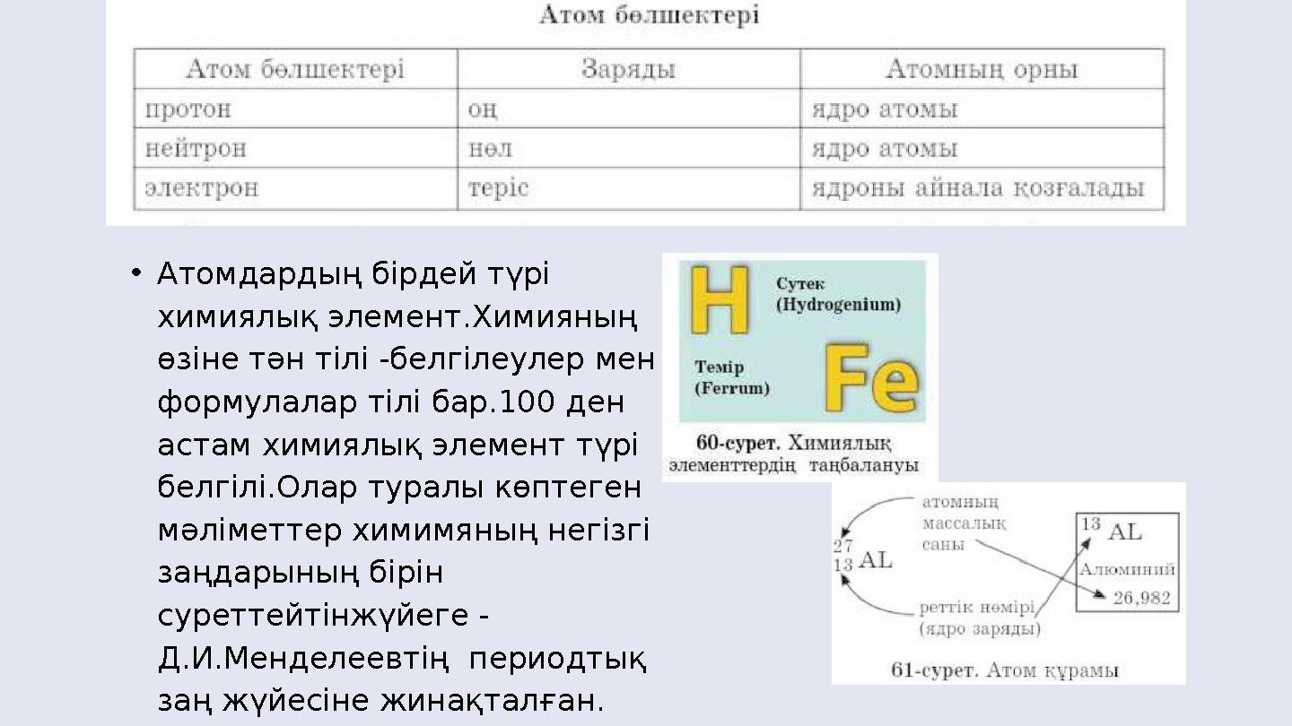 •Атомдардың бірдей түрі химиялық элемент.Химияның өзіне тән тілі -белгілеулер мен формулалар тілі бар.100 ден астам химиялық
