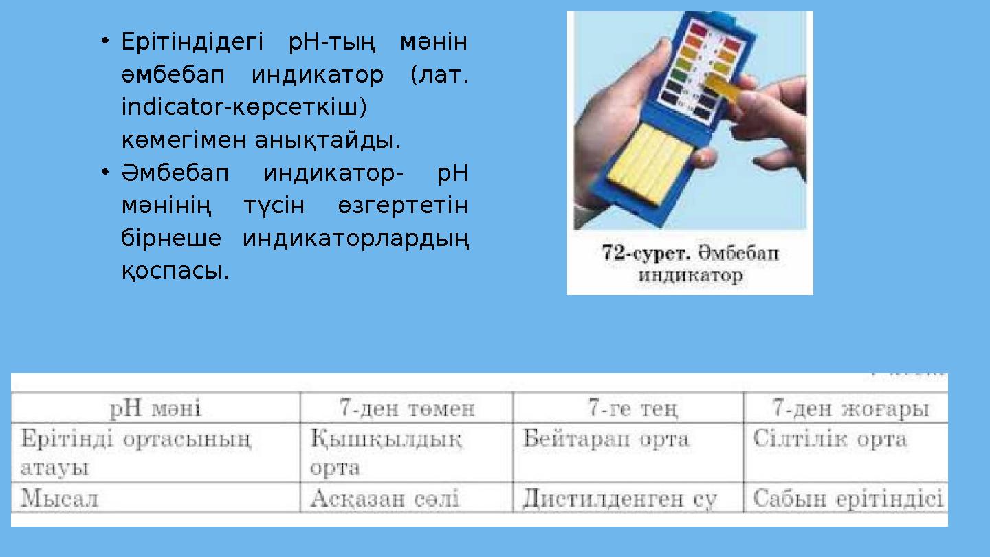 •Ерітіндідегі рН-тың мәнін әмбебап индикатор (лат. indicator-көрсеткіш) көмегімен анықтайды. •Әмбебап индикатор - рН мәнін