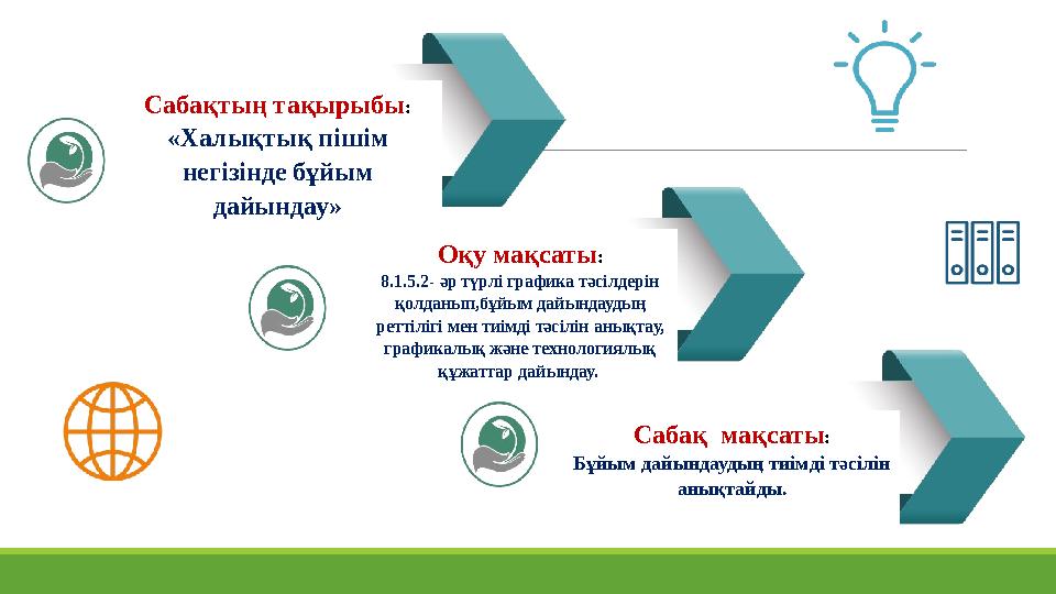 Сабақтың тақырыбы: «Халықтық пішім негізінде бұйым дайындау» Оқу мақсаты: 8.1.5.2- әр түрлі графика тәсілдерін қолданып,бұйым