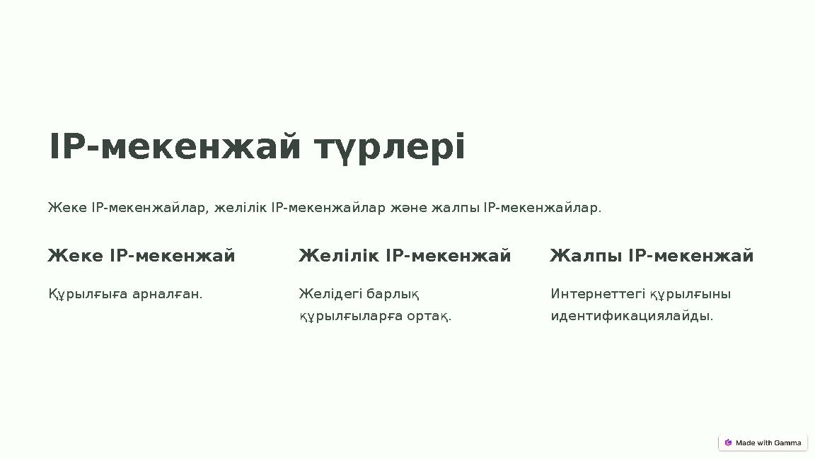 IP-мекенжай түрлері Жеке IP-мекенжайлар, желілік IP-мекенжайлар және жалпы IP-мекенжайлар. Жеке IP-мекенжай Құрылғыға арналған.