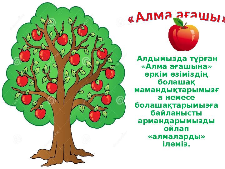 Алдымызда тұрған «Алма ағашына» әркім өзіміздің болашақ мамандықтарымызғ а немесе болашақтарымызға байланысты арманд Алдымызда тұрған «Алма ағашына» әркім өзіміздің болашақ мамандықтарымызғ а немесе болашақтарымызға байланысты арманд