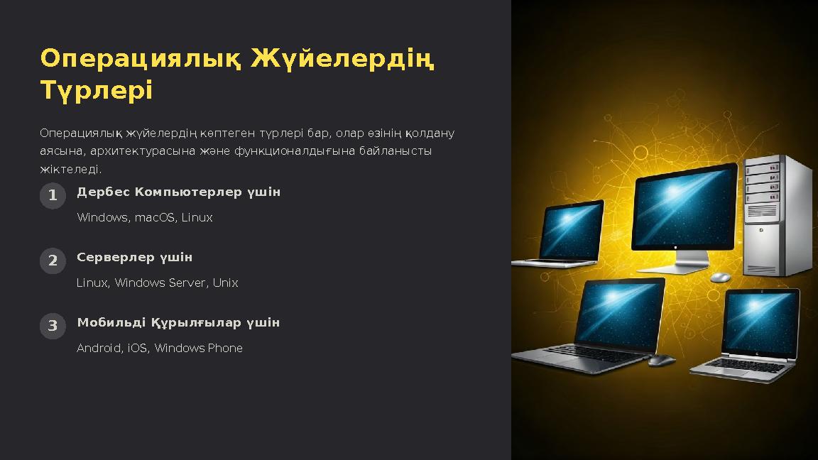 Операциялық Жүйелердің Түрлері Операциялық жүйелердің көптеген түрлері бар, олар өзінің қолдану аясына, архитектурасына және ф