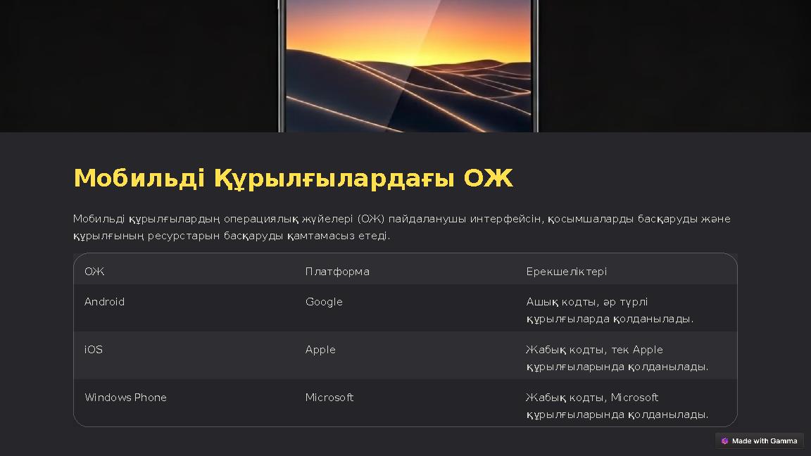 Мобильді Құрылғылардағы ОЖ Мобильді құрылғылардың операциялық жүйелері (ОЖ) пайдаланушы интерфейсін, қосымшаларды басқаруды және