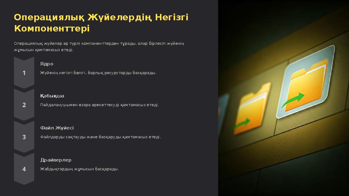 Операциялық Жүйелердің Негізгі Компоненттері Операциялық жүйелер әр түрлі компоненттерден тұрады, олар бірлесіп жүйенің жұмысы