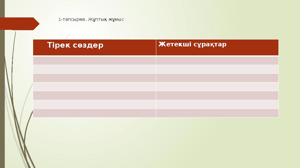 1-тапсырма. Жұптық жұмыс Тірек сөздер Жетекші сұрақтар 1-тапсырма. Жұптық жұмыс Тірек сөздер Жетекші сұрақтар