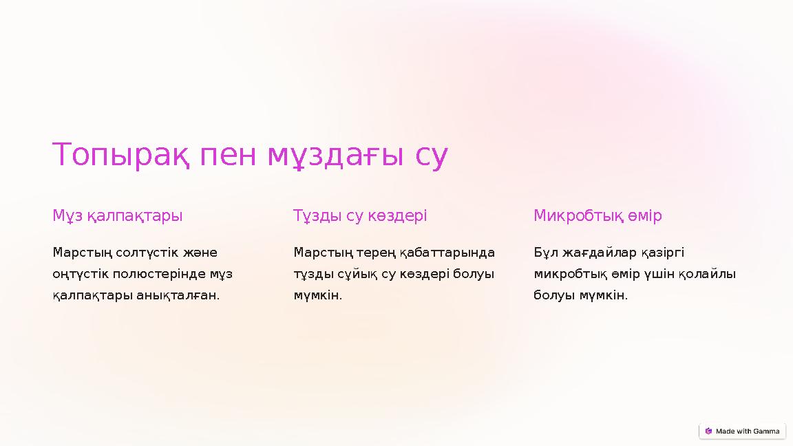 Топырақ пен мұздағы су Мұз қалпақтары Марстың солтүстік және оңтүстік полюстерінде мұз қалпақтары анықталған. Тұзды су көздер