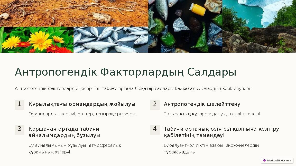Антропогендік Факторлардың Салдары Антропогендік факторлардың әсерінен табиғи ортада бірқатар салдары байқалады. Олардың кейбіре