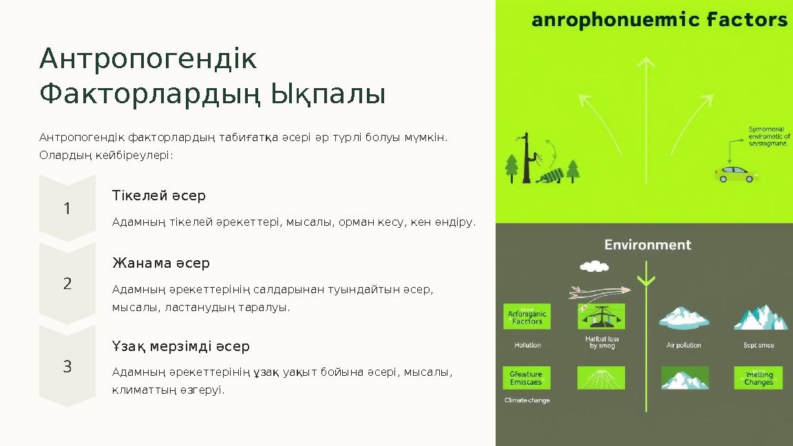 Антропогендік Факторлардың Ықпалы Антропогендік факторлардың табиғатқа әсері әр түрлі болуы мүмкін. Олардың кейбіреулері: Тіке
