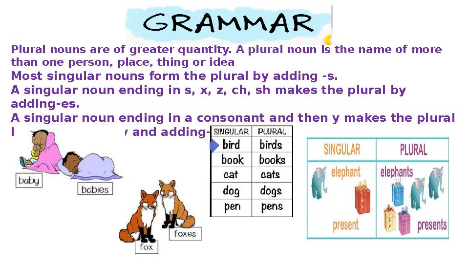 Plural nouns are of greater quantity. A plural noun is the name of more than one person, place, thing or idea Most singular nou Plural nouns are of greater quantity. A plural noun is the name of more than one person, place, thing or idea Most singular nou
